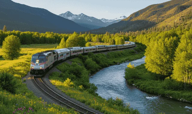 Amtrak California Zephyr train winding through the Rocky Mountains